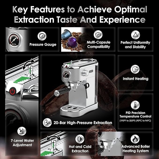 20-Bar Espresso Machine & Coffee Machine ??Compatible with Nespresso, Keurig K Cup ??Hot & Cold Brew, Milk Frother, Stainless Steel ??10 oz Espresso Cup - Latte Machine & Cappuccino Machine