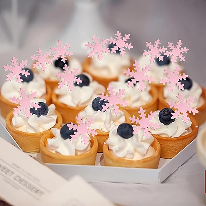 Rsstarxi 50 Pack Pink Edible Snowflake Cake Decorations Snowflakes Cupcake Toppers Winter Frozen Snowflake Cake Decorations for Baby Shower Kids Birthday Winter Party Decorations