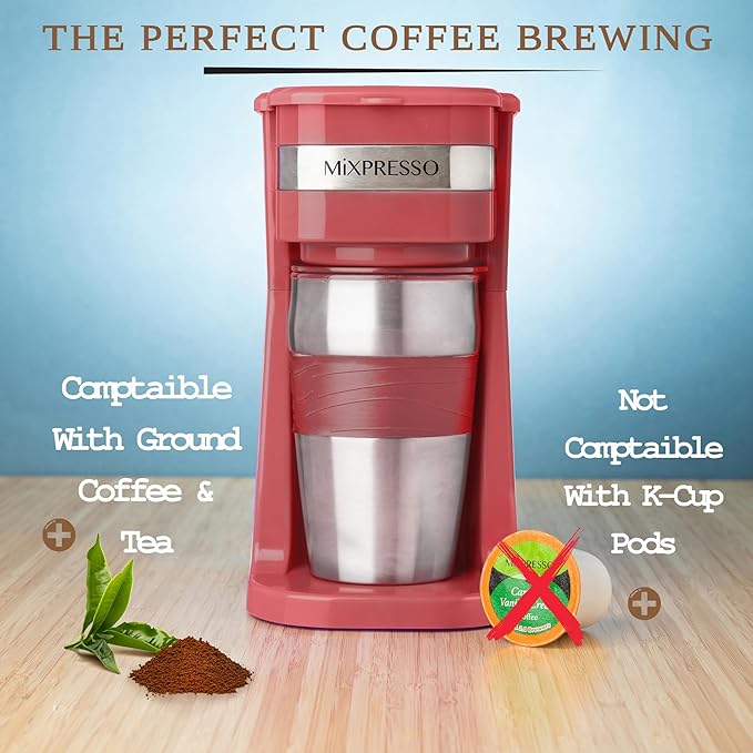 Mixpresso Red Personal Single Serve Coffee Maker with 14oz Travel Mug, Drip Small Coffee Maker with Auto Shut Off, Reusable Filter, Works with Ground Coffee Only ??Not for K-Cup Pods