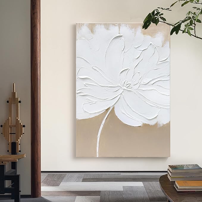 Artaanchuil Hand Painted White Flower Texture Wall Art - 28x40 Inch Beige Canvas Abstract Oil Painting Vertical Modern Artwork for Living Room Wall Decoration