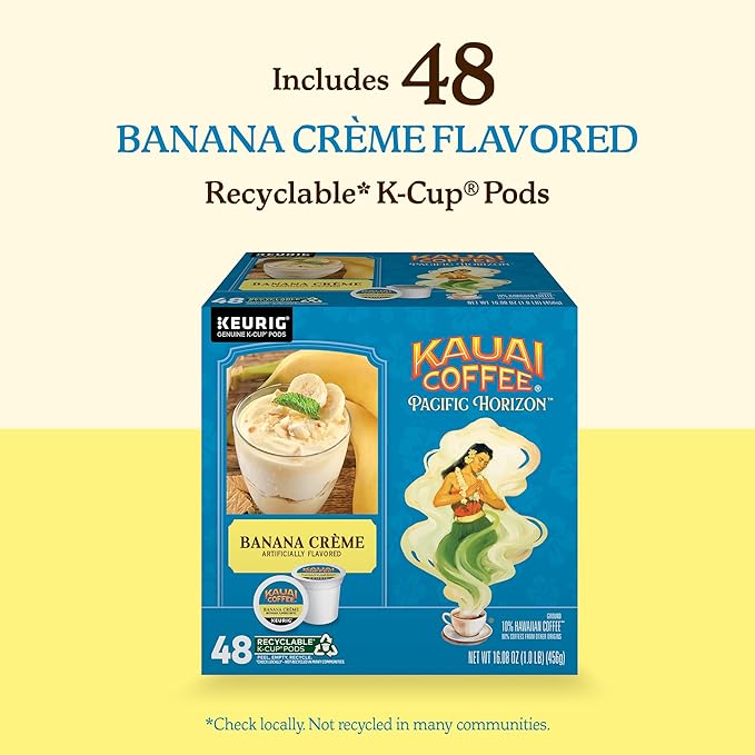 Kauai Coffee K-Cup Pods for Keurig Brewers – Arabica Coffee, 10% Hawaiian – Medium Roast, Banana Flavor with Creamy Vanilla – Banana Crème, 1 Pack of 48 Single Serve K-Cups