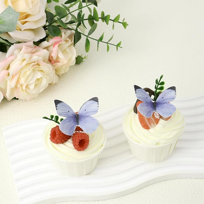 50PCS Edible Butterfly Cake Decorations Wafer Paper Butterflies Cake Cupcake Toppers for Women Girls' Birthday Anniversary Wedding Baby shower party Butterfly Fairy Cake Decor Dark Blue