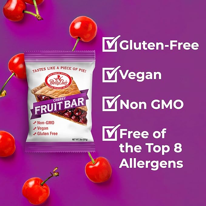 Betty Lou's Fruit Bars, Cherry Pack of 12, Gluten Free, Vegan, Non GMO, Deliciously Healthy Snacks Made with All Natural Fruit Juice, Individually Wrapped, 2 oz. Each, 12 Bars