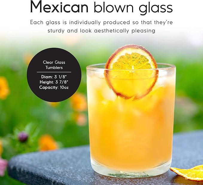 Clear 10 oz Tumblers (set of 6), Hand Blown Mexican Glassware, Recycled Glass Drinking Glasses, Lead-Free, Cocktail Margarita Glasses, Wine Glasses, Shot Glasses, Whiskey Glasses (Tumbler)