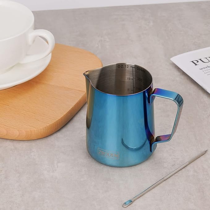 Milk Frothing Pitcher, 12oz Espresso Steaming Pitchers Stainless Steel Cappuccino Coffee Machine Accessories Barista Tools Steam Froth Pitchers Milk Jug Cup with Decorating Pen Latte Art, Blue
