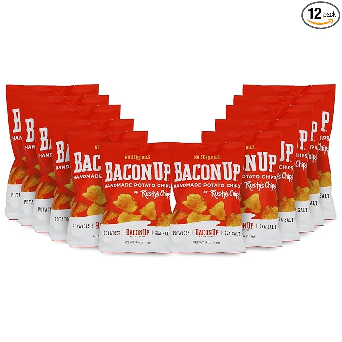 Bacon Up - Handmade Crunchy Healthy Potato Chips - No Preservatives, No Seed Oils, Gluten Free, Healthy Snacks for Adults - 5oz (12 Snack Packs) by Rusty's Chips
