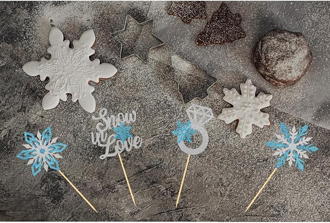 24PCS Snow in Love Cupcake Toppers for Winter Snowflake Decorations, Frozen Snowflake Love Cake Toppe for Bridal Shower Party Decorations (Love A)