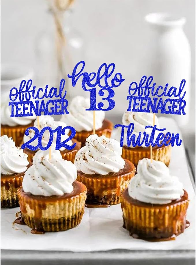 24Pcs Glitter 13th Birthday Cupcake Toppers, Hello 13th Birthday Cake Topper- 13th Birthday Decorations for Celebrating Official Teenager Thirteen Years Old Birthday Party Supplies (Blue)