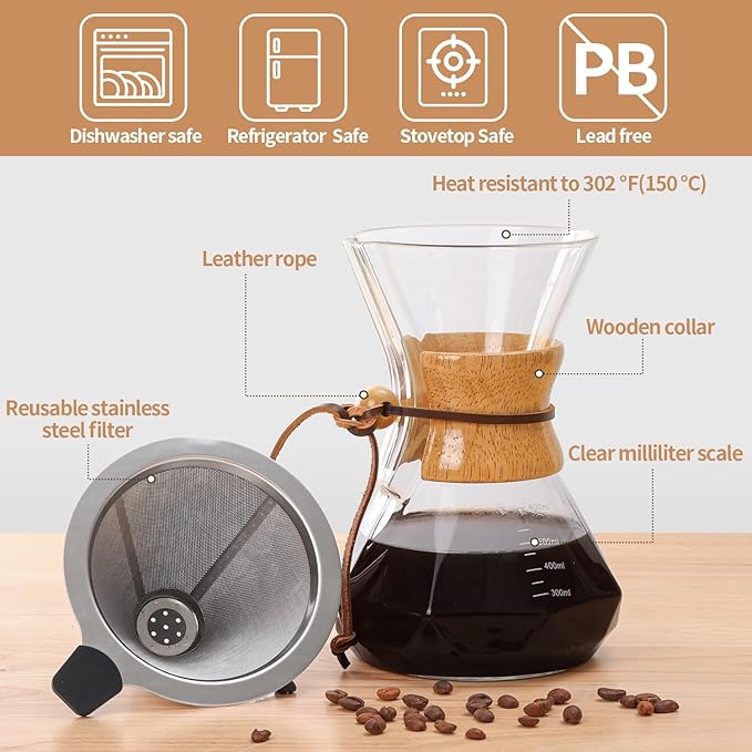 Pour Over Coffee Maker 20 OZ, 6 Cup Borosilicate Glass Drip Coffee Maker with Reusable Stainless Steel Filter and Cork Grip for Home Caf챕 600 ML (Diamond Shape)