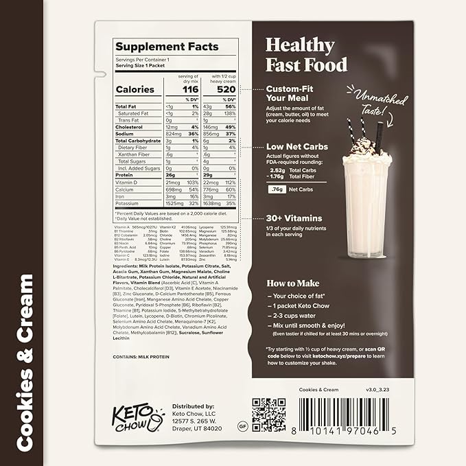 Keto Chow | Gourmet Keto Meal Replacement | Nutritionally Complete | You Choose the Fat | Easy Fast Low Carb Meal | Cookies and Cream