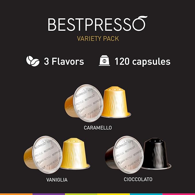 Bestpresso Coffee for Nespresso Original Machine 120 Aluminum pods Certified Genuine Espresso Variety Pack Caramel,Vanilla and Chocolate