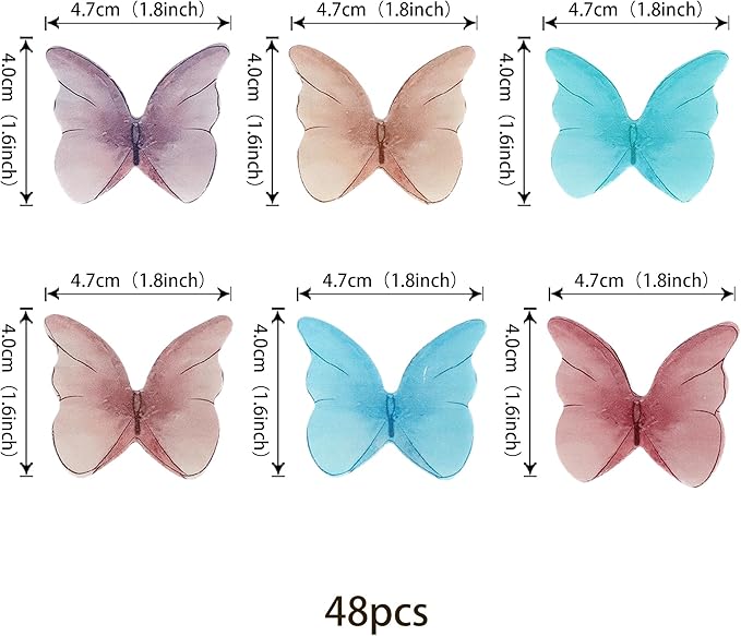 48PCS Edible Butterfly Cupcake Toppers - Edible Wafer Paper Butterfly Cake Decorations for Baby Shower, Birthday, Wedding Parties - Colorful