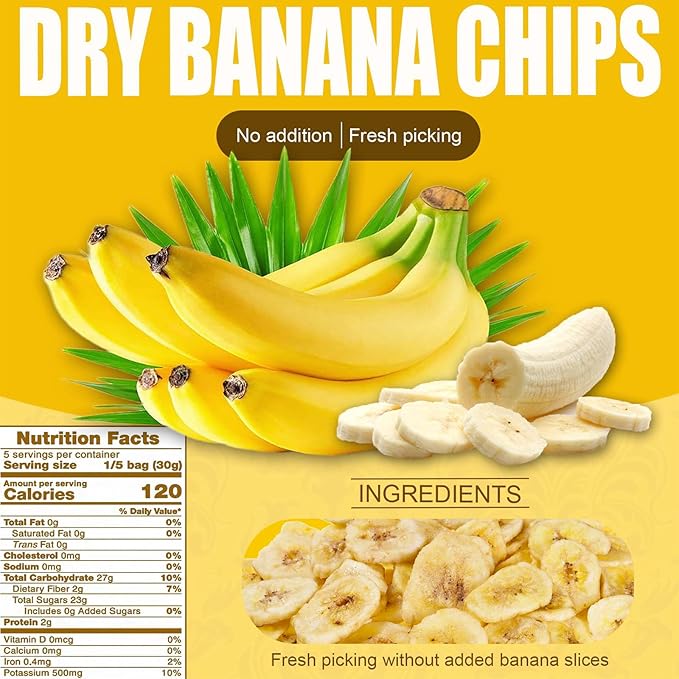 Unsweetened Banana Chips-150g(5.29oz),Bulk Healthy Dried Fruit Snack,Natural Dehydrated Banana Chips
