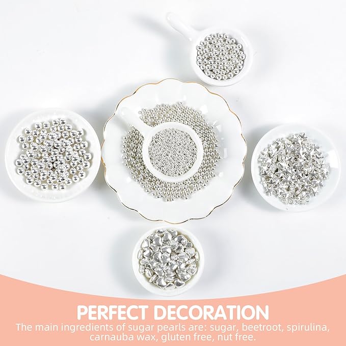 Kasvan Silver Pearl Sugar Sprinkles, 6 Sizes Mix for Cake Decorating, 230g/8.1oz, Ice Cream Toppings and Cookie Decorating, Wedding Party Chirstmas Supplies (Silver)