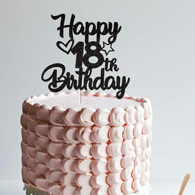 1 Pack Happy 18th Birthday Cake Topper Glitter Heart Star 18 Fabulous Cake Pick Birthday Sign Cake Decorations for 18th Birthday Theme Party Supplies Black