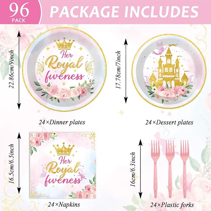 96Pcs Princess 5th Birthday Plates and Napkins Her Royal Fiveness Decorations Princess Party Dessert Plates Rainbow Castle Tableware for 24 Guests 5th Theme Girl Baby Shower Party Supplies
