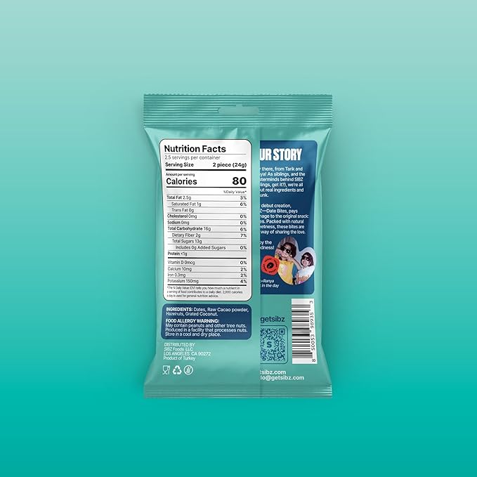 SIBZ Date Bites Raw Cacao & Coconut - All Natural, Gluten Free, Non GMO, Plant Based, No Added Sugar (2.1oz, Pack of 8)