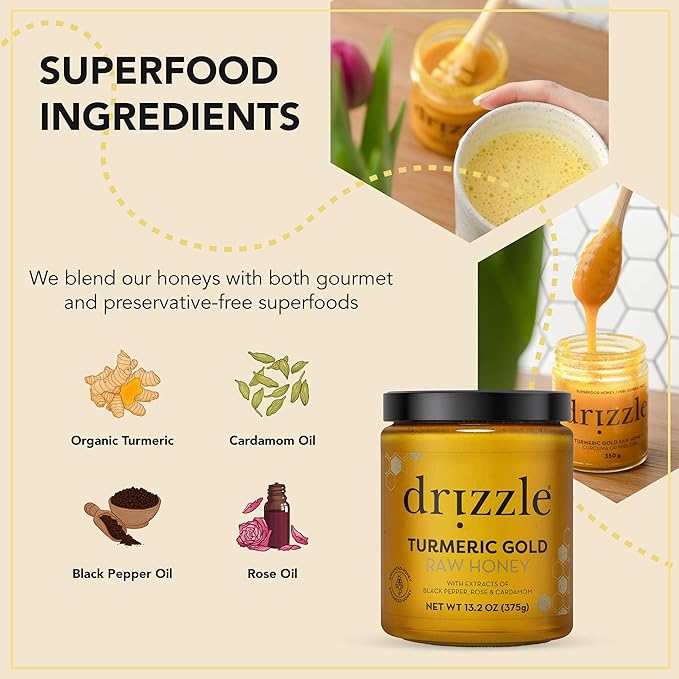 Drizzle Turmeric Gold Raw Honey - All Natural Pure Raw Honey with Organic Turmeric, Unfiltered, Use in Tea, Golden Milk, & Coffee, Sugar Substitute, Certified Kosher - 13.2 oz Jar (375 g)