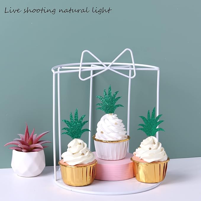 Rsstarxi 24 Pack Pineapple Leaf Cupcake Toppers Green Glitter Pineapple Leaves Cupcake Picks for Summer Tropical Theme Luau Party Hawaiian Wedding Baby Shower Birthday Party Cake Decoration Supplies