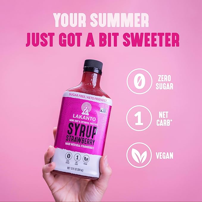 Lakanto Sugar Free Strawberry Syrup - Sweetened with Monk Fruit Sweetener and Erythritol, Made with Real Strawberries, Perfect for Pancakes, Waffles, French Toast, Ice Cream, Lemonade, Desserts, Snacks, and more - 13 fl oz
