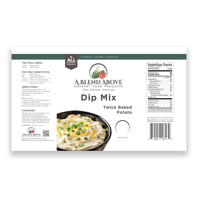 A Blend Above Twice Baked Potato Dip Mix, 3 Packs, 1 oz Each, Makes 16 Ounces, Gluten-Free, No MSG, All Natural, No Preservatives, Vegan Friendly, Keto Friendly, Low Carb, Easy to Make