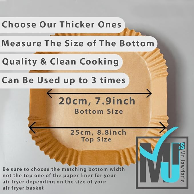 ((Extra Strong)) Air Fryer Disposable Paper Liner 100Pcs, Mr.Jawdat's Strong AirFryer Liners, Non-Stick Liner for Air Fryer and Microwave, Free of Bleach (Square, Bottom Size 7.9inch)