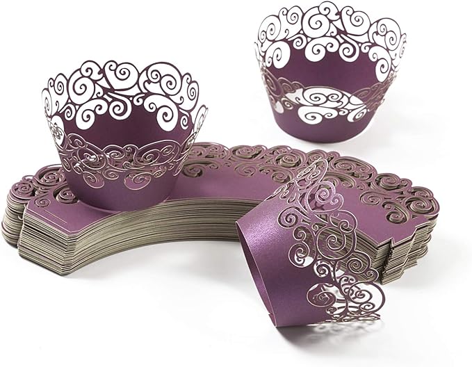 Cupcake Wrappers, KPOSIYA 100 Pack Cupcake Wraps Filigree Artistic Bake Cake Paper Cup Little Vine Laser Cut Liner Baking Cups Muffin Case Trays for Wedding Party Birthday Decoration (100, Purple)