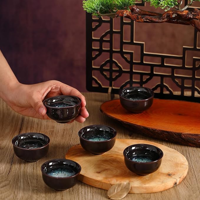 Skyley 6 Pieces Korean Soju Shot Glasses Sets Porcelain Cups Korean Ceramic Cups Tea Accessories Drinkware, Handcrafted Ceramic(Dark Brown,Sand Gold Pattern)