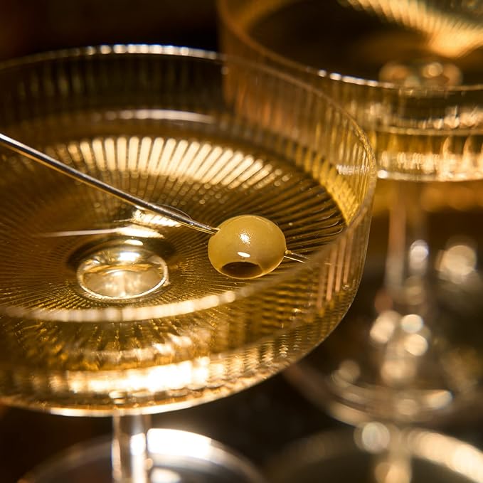 Khen Crystal Glass Ribbed Vintage Art Deco Coupe - 8oz. Set of 12 Crystal Glasses - Weddings & Parties, Champagne Tower, Hosting Essentials, Champagne & Cocktail Goblet Stemmed Ripple Coupes Glassware
