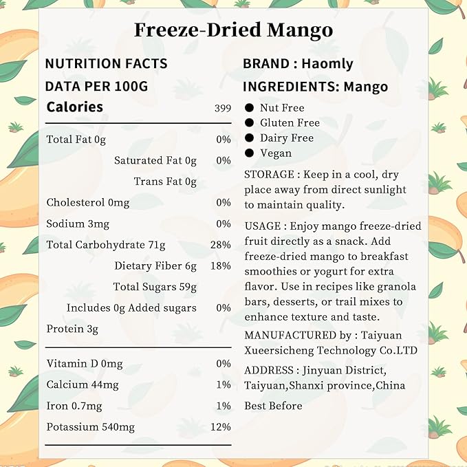 Freeze Dried Mango,135g/4.7oz,Natural Frozen Mango Chunks,Healthy Fruit Snack Chips for Baking,Tea,Smoothie, Yogurt,No Additives,No Sugar Added