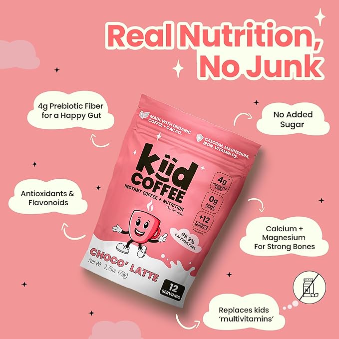 Kiid Coffee - 99.9% Caffeine-Free Organic Coffee for Kids - As Seen on Shark Tank - 12 Vitamins & Minerals, 4g Prebiotics, 0g Sugar - Non-GMO & Gluten-Free - Healthy Snack - Chocolate - 12 Servings