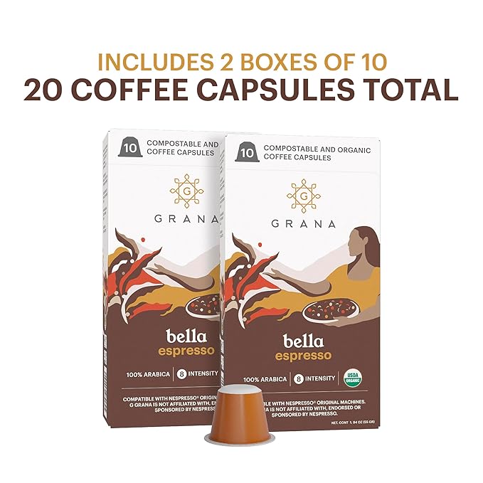 G GRANA Coffee Pods, Compatible with Nespresso OriginalLine, 20 Pack, Dark Roast, USDA Organic 100% Arabica Single Source Specialty Coffee, Compostable Single Serve Capsules, Bella