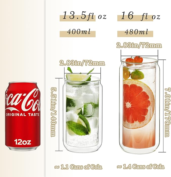 LIBWYS 16oz Double Wall Drinking Glass Cup with Bamboo Lid and Straw, 1 Pc Set ??Condensation Resistant Insulated Glass Can Tumbler for Cold Drinks, Iced Coffee, Tea, Juice, Cleaning Brush