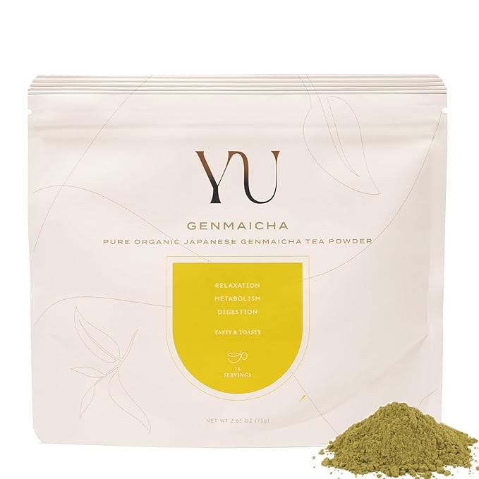 Yu Tea Organic Genmaicha Green Tea Powder | Japanese Green Tea & Roasted Brown Rice | Low Caffeine & Unsweetened | Relaxation, Antioxidants & Digestion | Resealable Pouch, 2.65 oz, 75 Servings