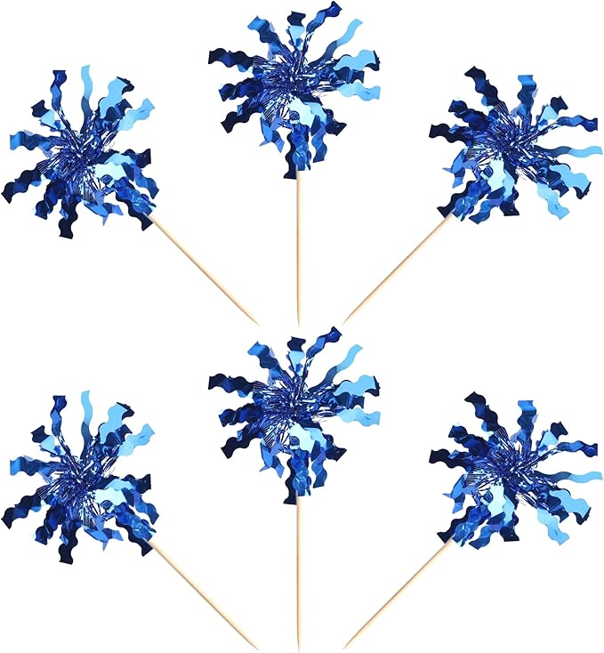 Rsstarxi 30 Pack Foil Firework Cupcake Toppers Blue Sparkle Tinsel Drink Cake Decorations Cocktail Food Toothpicks for Happy Valentine's Day Birthday Wedding Graduation Party Decorations