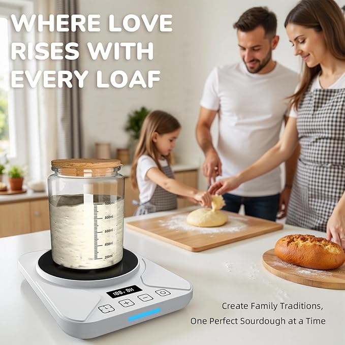 Sourdough Starter Warmer Mat - 24H Timer - Precise 1°F Thermostat Control (70-100°F) - Smart Memory Warming On/Off - Fits Jars Up to 40oz - Perfect for Home Baking (White)