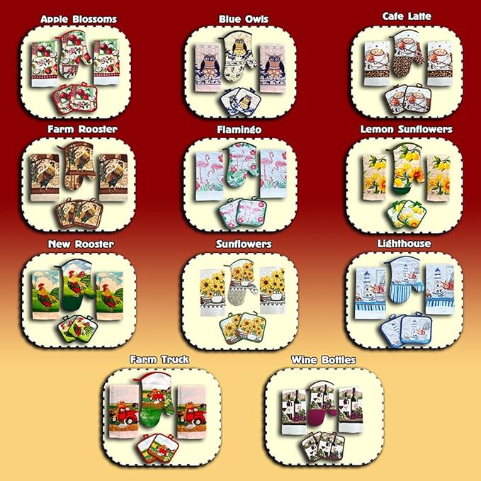 Lobyn Value Packs: Decorative & Functional Rustic Rooster Kitchen Set ??5 Pieces, Perfect for Farmhouse D챕cor Set includes 2 Dish Towel 2 Pot Holders 1 Oven Mitt | Kitchen Towel Set for Daily Use