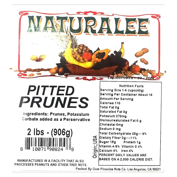 Naturalee Dried Prunes 2 lb - Pitted - No Added Sugar - Gluten Free, Vegan, High Fiber Snack