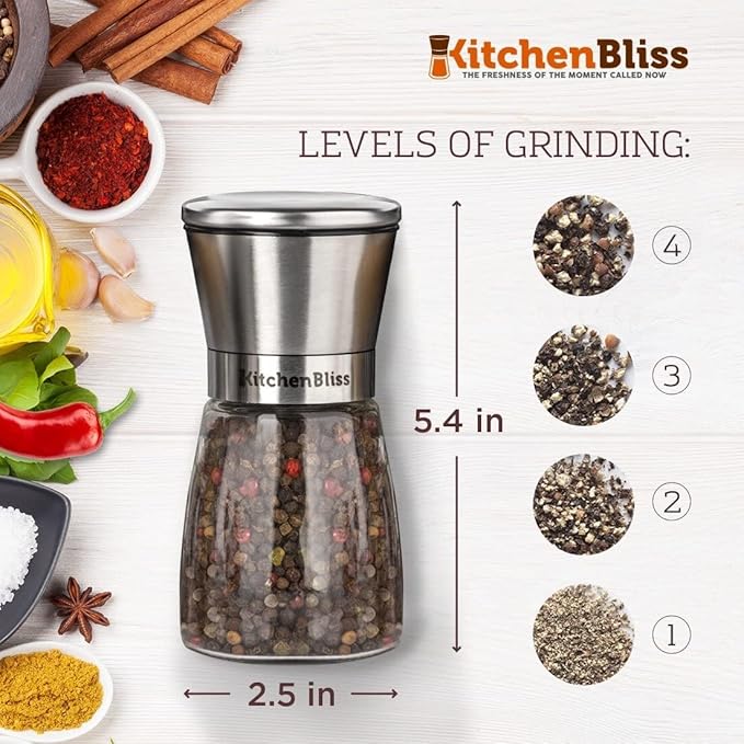 Professional Salt and Pepper Grinder Set ??Premium Stainless Steel Salt and Pepper Shakers with Ceramic Spice Grinder Mill for Adjustable Coarseness - Added Bonus a Bamboo spoon and a Cleaning Brush.