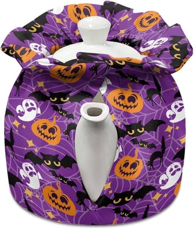 Pumpkin Bat Tea Cosy for Teapot Keeping Warm Resuable Tea Pot Cozy Teapot Insulation Cover for for All Saints' Eve Breakfast Warmer Soft & Washable Kettle Cover for All Hallows' Eve