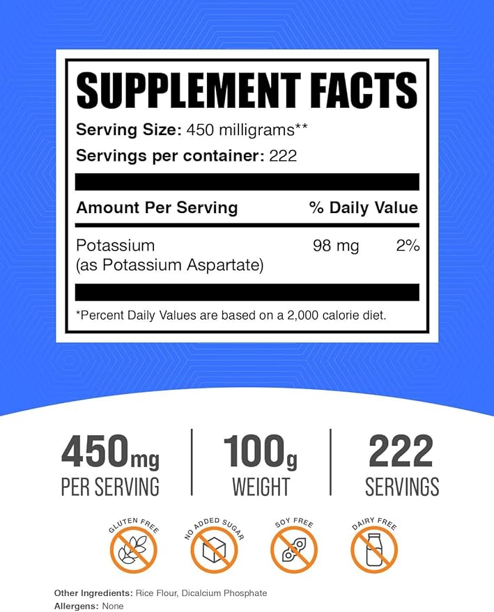 BulkSupplements.com Potassium Aspartate Powder - Mineral Supplement, for Hydration Support - Gluten Free, 450mg (98mg Potassium) per Serving, 100g (3.5 oz) (Pack of 1)
