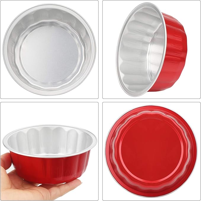Beasea Disposable Aluminum Foil Cups 100 Pack, 8 oz 235ml 3.9" Bake Ramekin Cup Muffin Cupcake Baking Cup Mini Pudding Cups for Party Wedding Birthday - Red