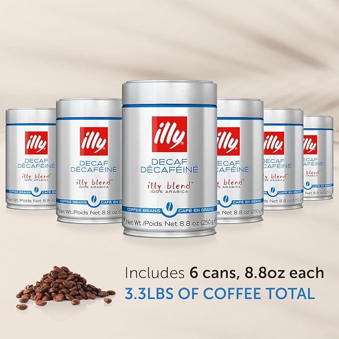 illy Whole Bean Coffee - Perfectly Roasted ??Classico Decaf Roast - with Notes of Caramel, Toasted Bread & Chocolate - 100% Arabica Beans - No Preservatives ??8.8 Ounce, 6 Pack