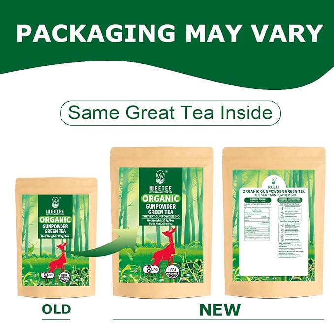 WT WEETEE Organic Gunpowder Green Tea, USDA Organic Loose Leaf Green Pearls Tea 8 Ounce, Full-Bodied & Gently Rolled Chinese Green Tea, Caffeinated