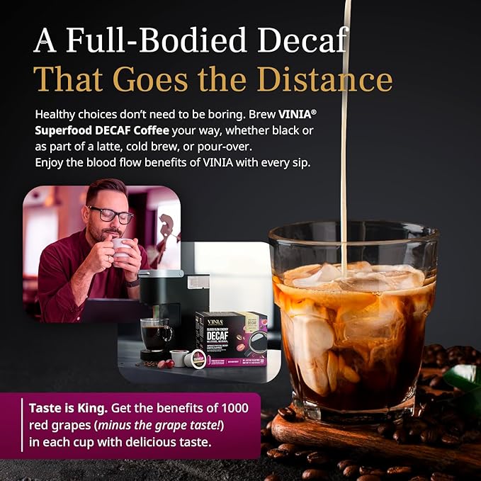 VINIA Blood Flow Energy Coffee DECAF - Medium Roast Superfood Coffee Pods, Swiss Water Process Powered by Red Grape Piceid Resveratrol. K Cup Compatible Coffee Pods, Caffeine Free, 60 Ct