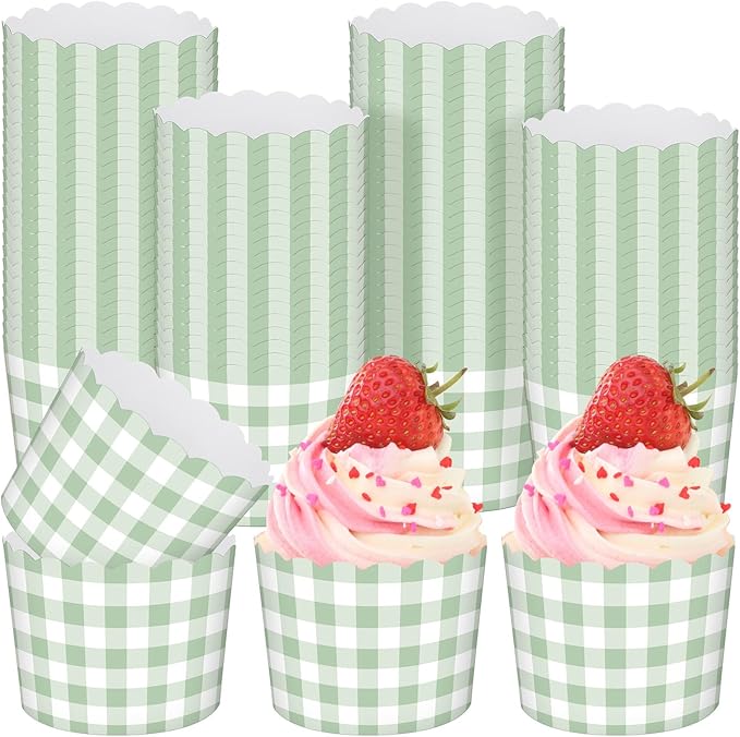 Vesici 150 Pcs Sage Green Gingham Ice Cream Cups 5oz Dessert Paper Bowls Gingham Scalloped Cupcake Cups Disposable Dessert Bowls for Food Sundae Frozen Yogurt Soup Party Supplies