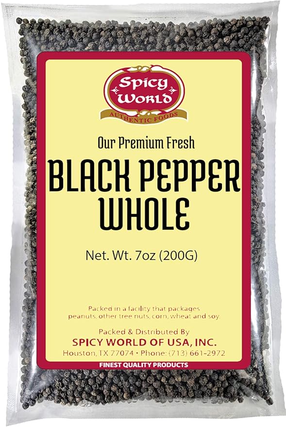 Spicy World Black Peppercorns Whole 7 Ounce - Perfect for Grinder