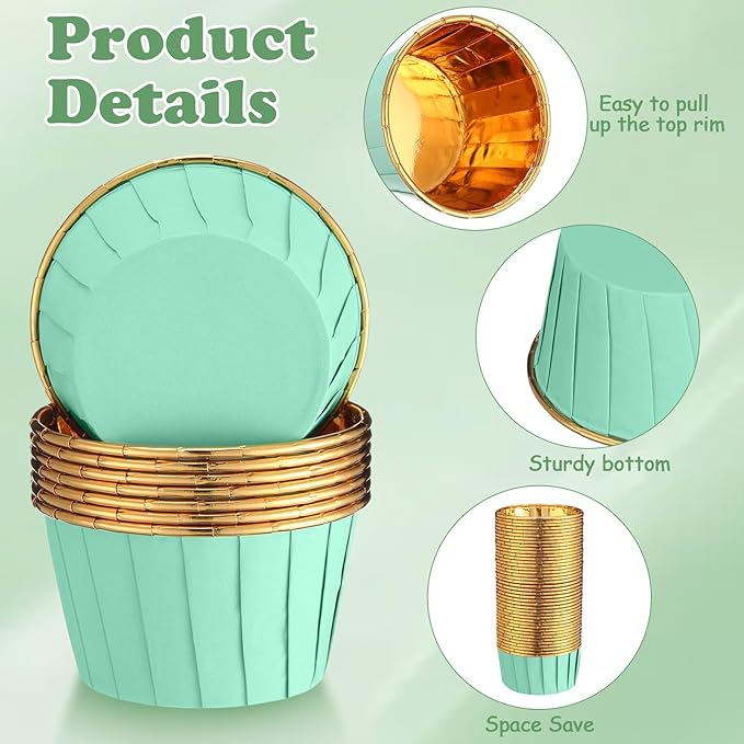 300 Pack Green Gold Cupcake Cups Bulk Disposable Foil Muffin Liners 3.5 oz Wrappers for Baking Aluminum Paper Mini Metallic Disposable Holiday Party Wedding Festival Supply