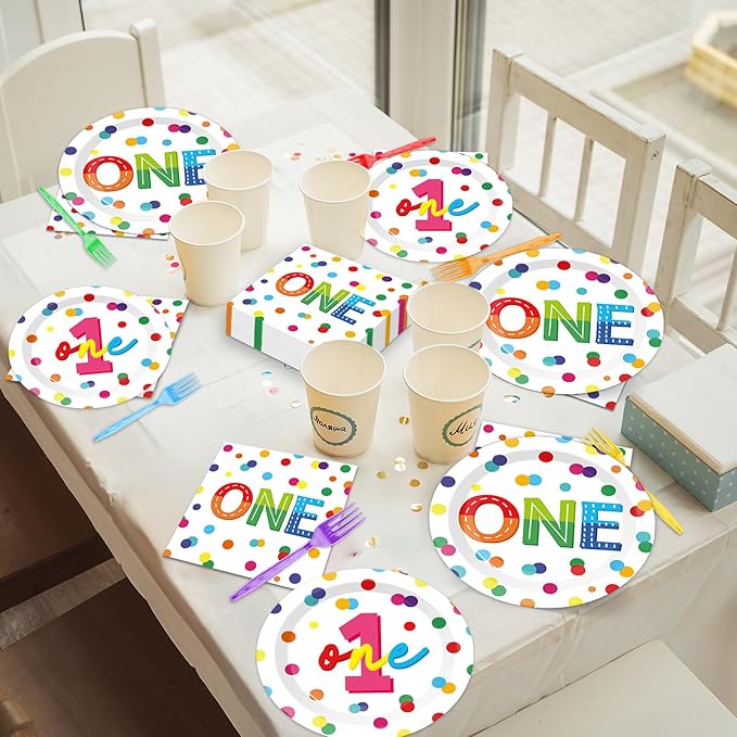 96pcs Rainbow 1st Birthday Plates and Napkins Confetti Happy Birthday Party Decorations with Polka Dot Confetti Dessert Plates Colorful 1st Tableware for 24 Guests 1 Year Old Party Supplies
