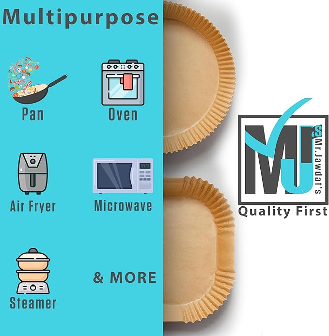 ((Extra Strong)) Air Fryer Disposable Paper Liner 100Pcs, Mr.Jawdat's Strong AirFryer Liners, Non-Stick Liner for Air Fryer and Microwave, Free of Bleach (Round, Bottom Size 7.9inch).